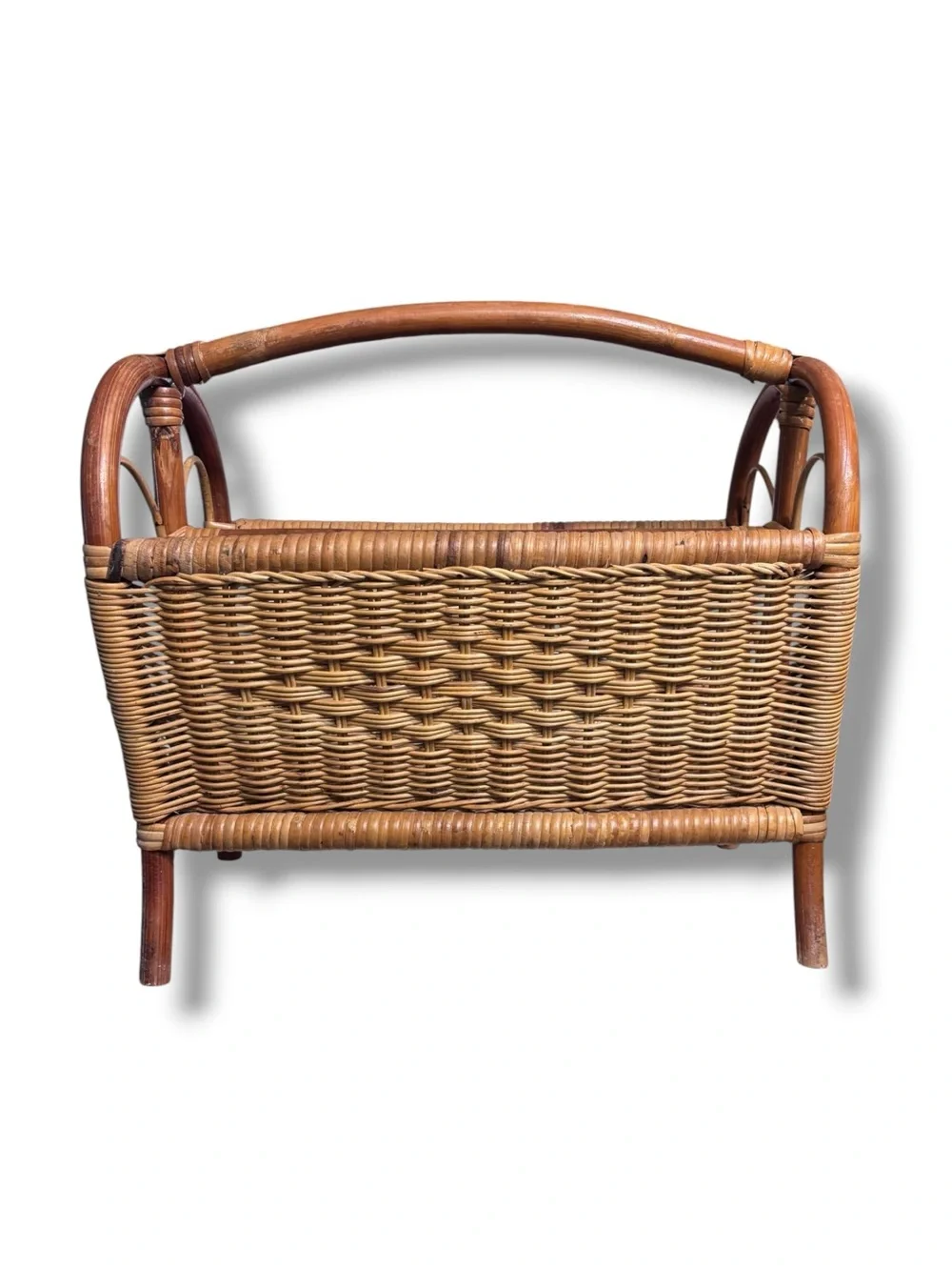 VINTAGE Bamboo Wicker Rattan Woven Magazine Holder Heart End Details